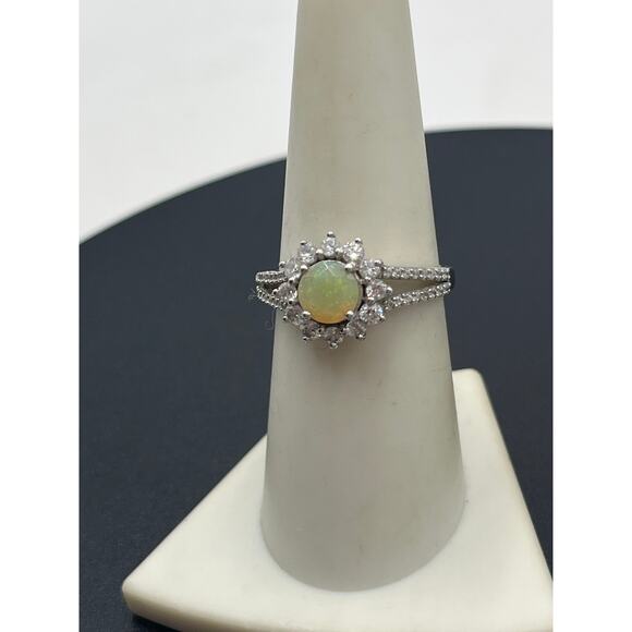 Sterling Silver Natural Opal Vibrant Colors Fire Halo CZ Split-shank Ring 7.5 - Picture 11 of 11
